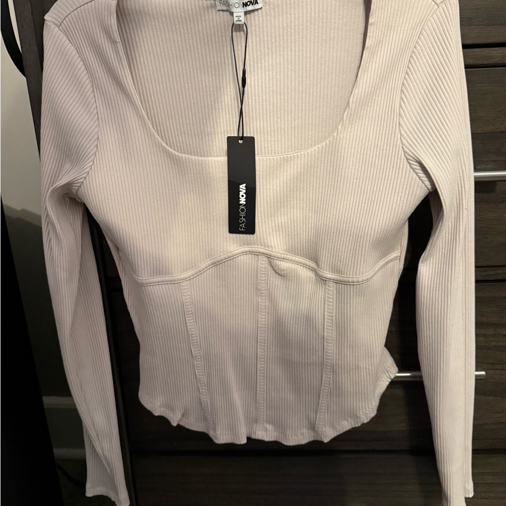 Fashion Nova Cream Corset Ribbed Long Sleeve Top